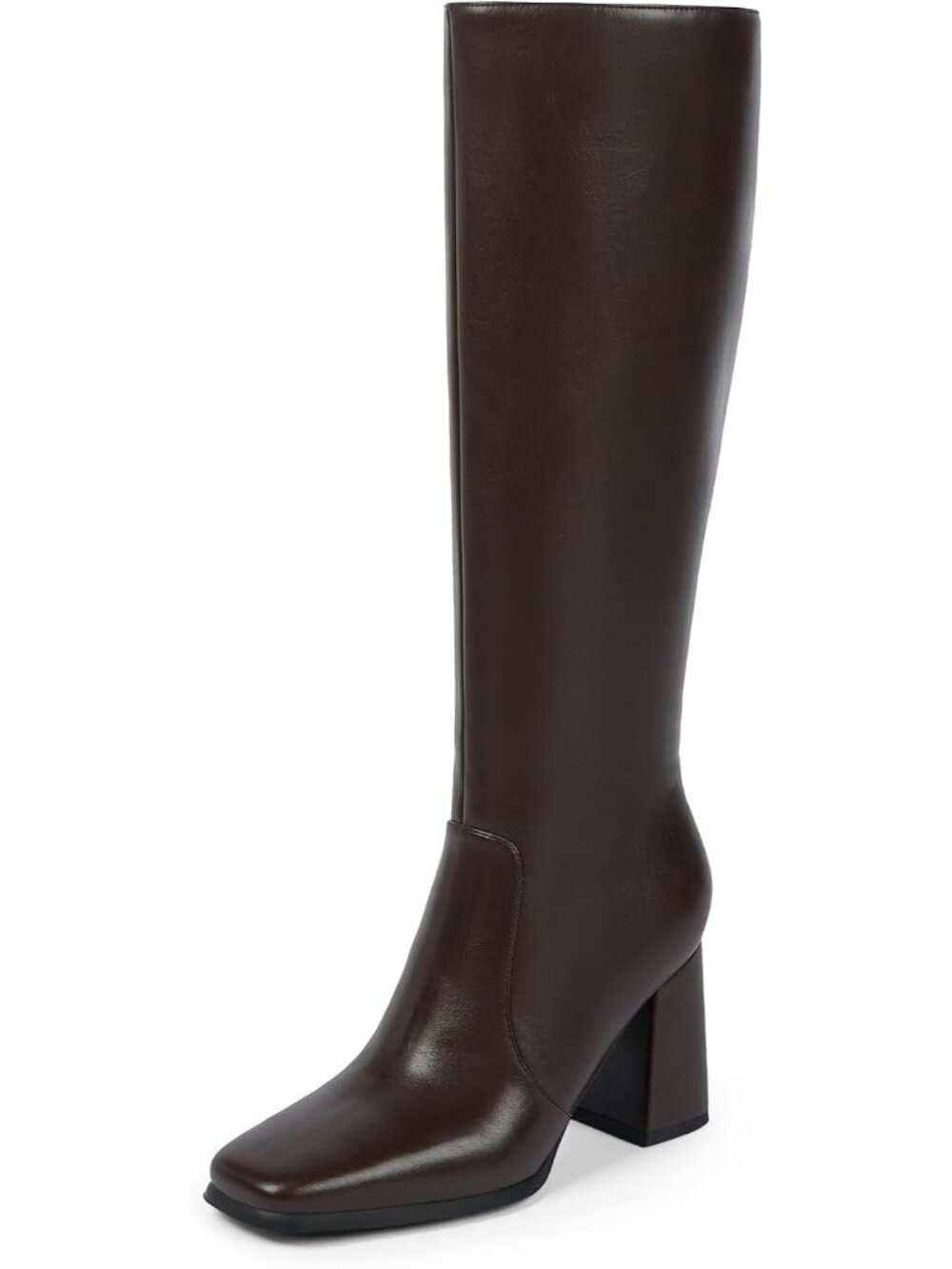 🆕Women's All Brown Leather Knee High Boots Square Toe Chunky Block Heel Shoes